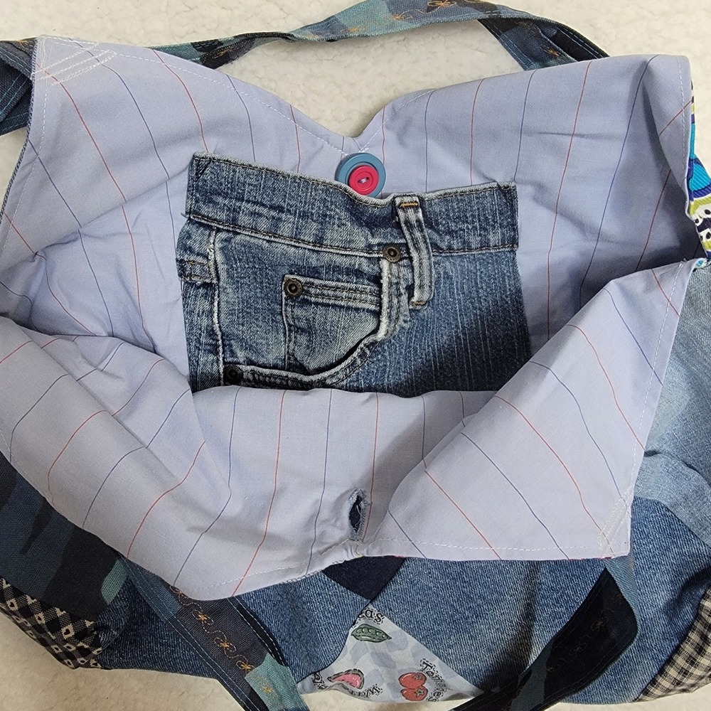 Handmade Patchwork Denim Hobo Bag Womens Large Blue Multi Upcycled Boho Tote - Picture 4 of 6